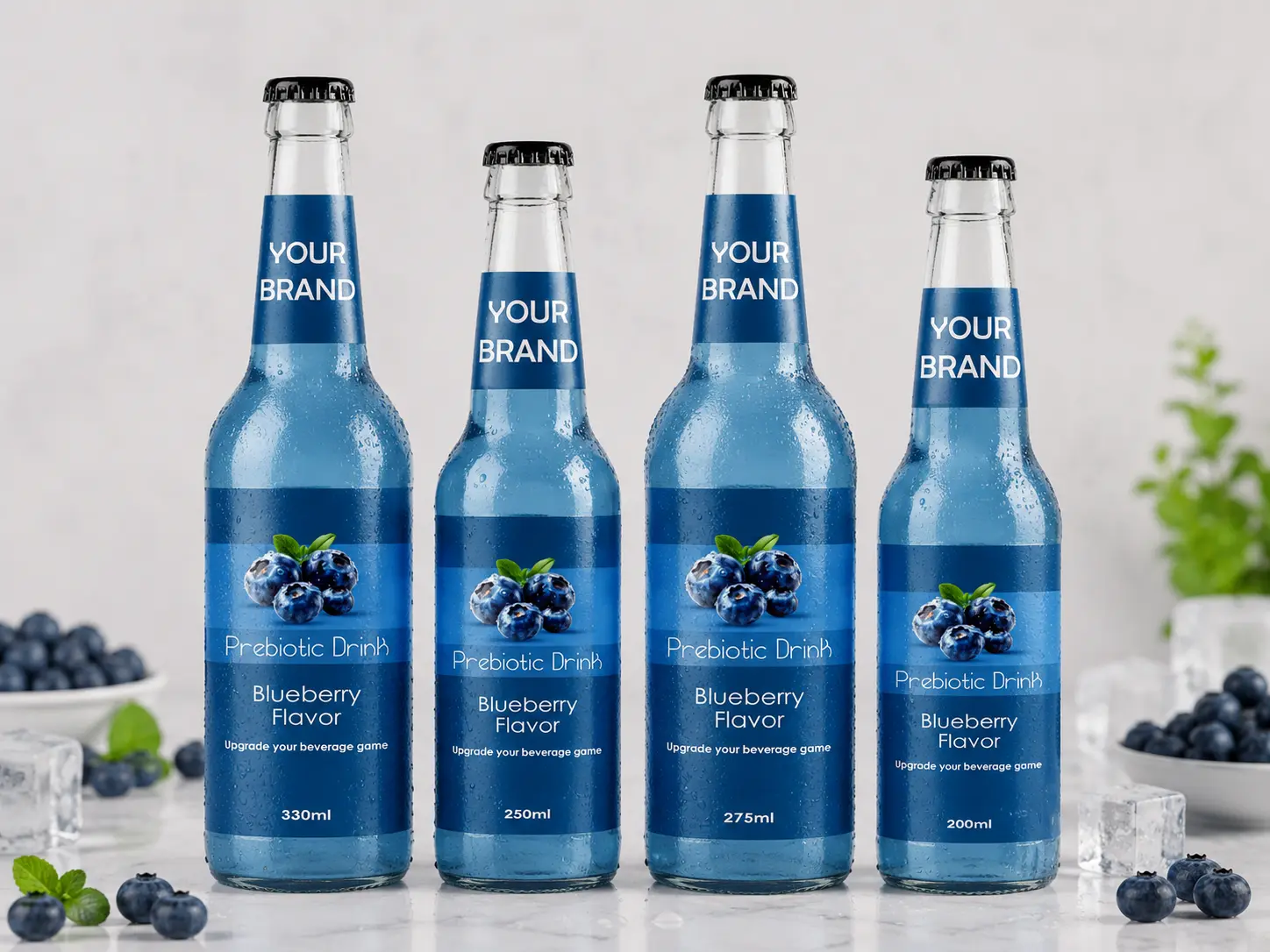 PREBIOTIC DRINK Blueberry Flavor 330ml, 250ml, 275ml and 200ml glass bottles.